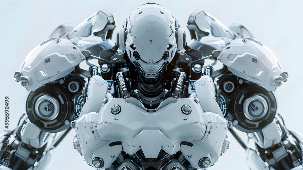 Fototapeta premium Portrait of an android robot, concept of technical support. Neural network AI generated art