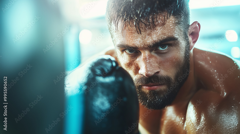 Close-up of determined boxer during intense training Close-up of determined boxer during intense training