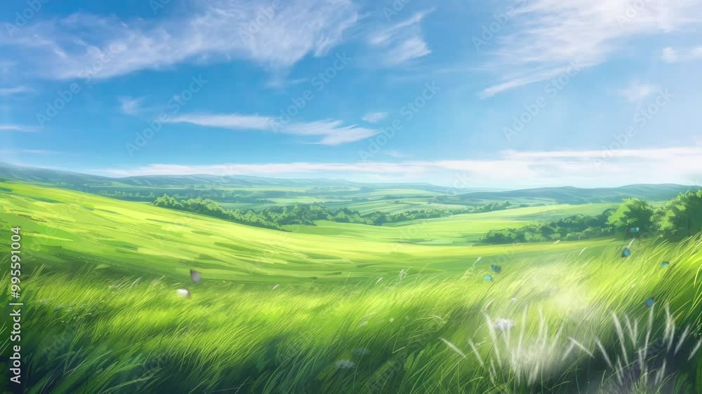A Lush Green Meadow Under a Golden Sunset Sky A Lush Green Meadow Under a Golden Sunset Sky