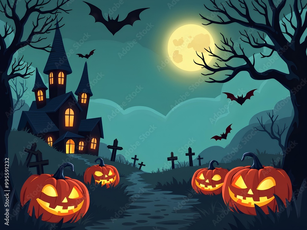 Spooky Halloween Background illustration with Glowing Pumpkins, Mysterious Castle, Bats and Full Moon Spooky Halloween Background illustration with Glowing Pumpkins, Mysterious Castle, Bats and Full Moon