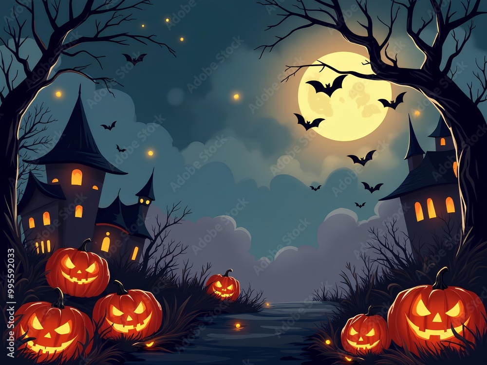 Spooky Halloween Background illustration with Glowing Pumpkins, Mysterious Castle, Bats and Full Moon Spooky Halloween Background illustration with Glowing Pumpkins, Mysterious Castle, Bats and Full Moon