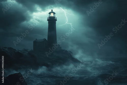 A dark, stormy scene features a lighthouse illuminated by lightning, standing tall against crashing waves and ominous clouds.