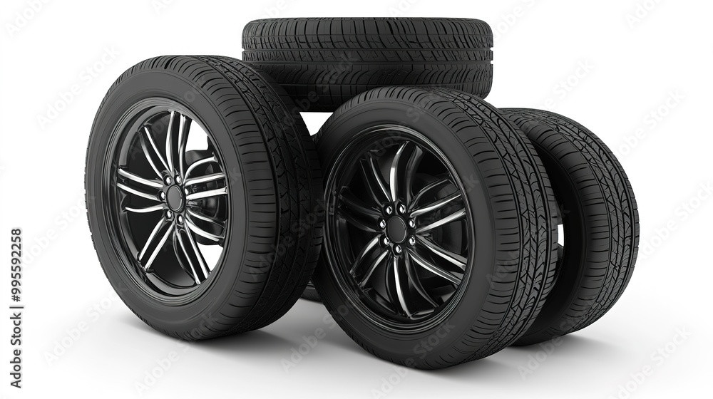 A stack of four black tires with sleek rims, showcasing modern designs and tread patterns, ideal for vehicles.
