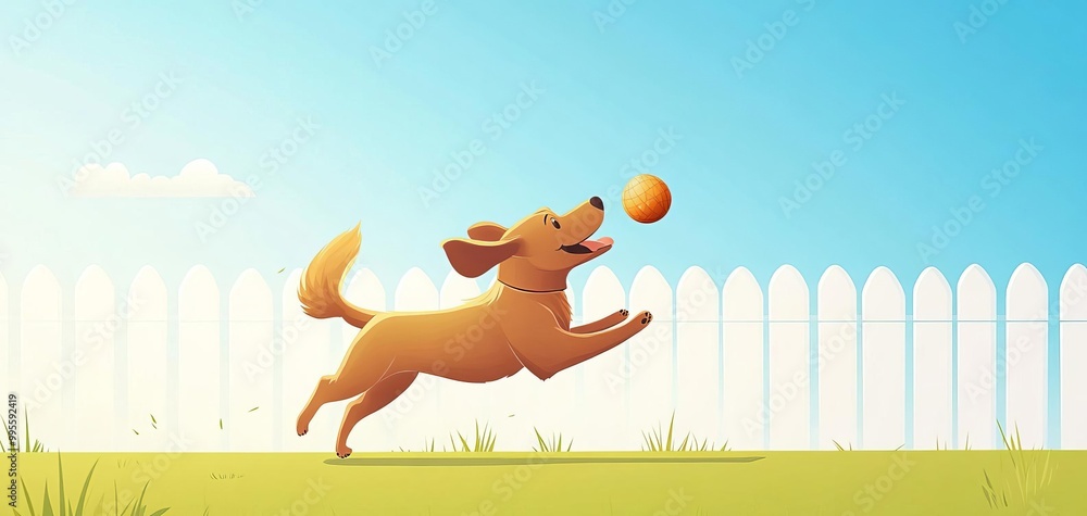Fototapeta premium A dog chasing a ball flat design, side view, backyard theme, animation, Complementary Color Scheme