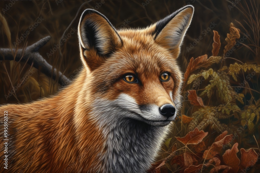 Fototapeta premium A detailed portrait of a fox amidst autumn foliage.