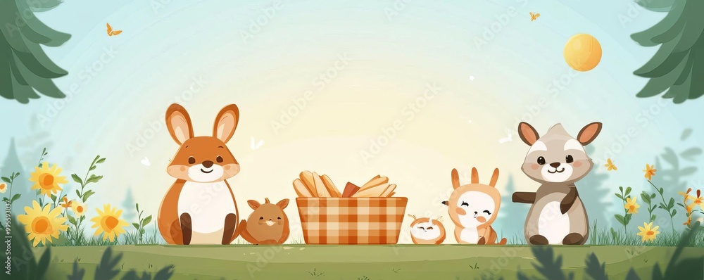 Animals having a picnic flat design, front view, sunny meadow theme, animation, Triadic Color Scheme Animals having a picnic flat design, front view, sunny meadow theme, animation, Triadic Color Scheme