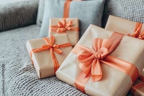 Elegant Christmas gifts wrapped in beige and peach colored paper with soft bows placed on a cozy gray couch in a warm holiday living room