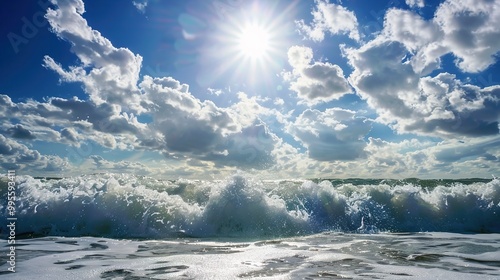 blue sky, bright sun and waves on the ocean, sea wallpaper, travel background