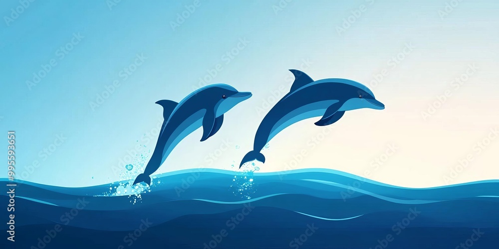 Fototapeta premium Dolphins jumping out of the water flat design, side view, ocean theme, animation, vivid