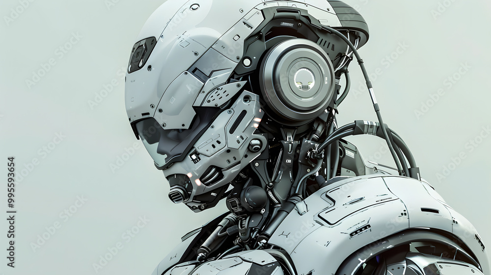 Fototapeta premium Portrait of an android robot, concept of technical support. Neural network AI generated art