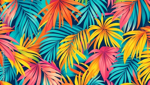 Bright Tropical Palm Leaf Scene with Deep Blue, Neon Yellow, Coral, and Hot Pink Overlapping