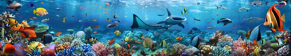 Fototapeta premium A panoramic view of the underwater coral reef, teeming with colorful fish and sea creatures. The ocean's surface is calm as various marine life swims around in an enchanting display of colors and beau