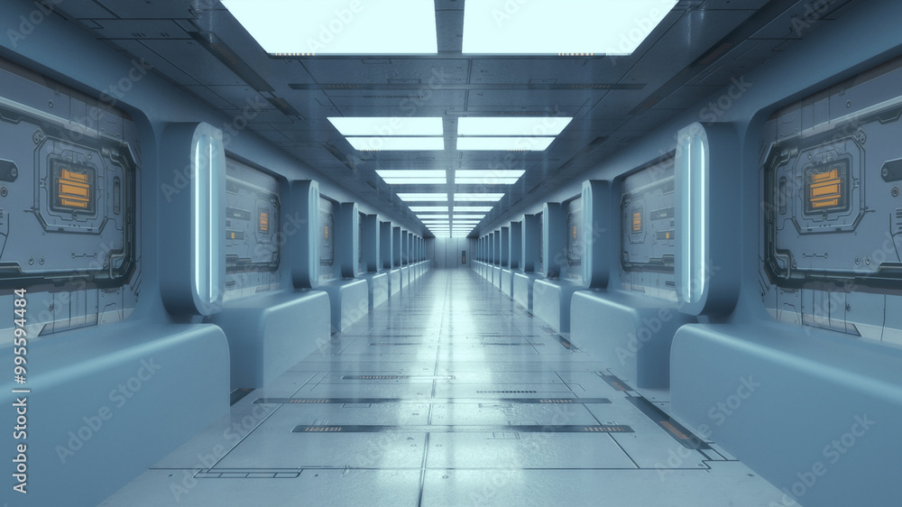 Infinite corridor inside a futuristic spaceship. 3D design Infinite corridor inside a futuristic spaceship. 3D design