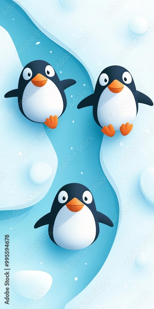 Fototapeta premium Penguins sliding on ice flat design, top view, arctic landscape theme, water color, Triadic Color Scheme