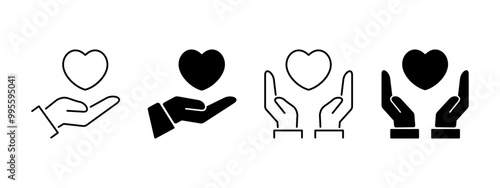 Heart in hand icons set. Hands holding heart icon. Love icon. Health, medicine symbol. Healthcare hands holding heart flat and line style - stock vector