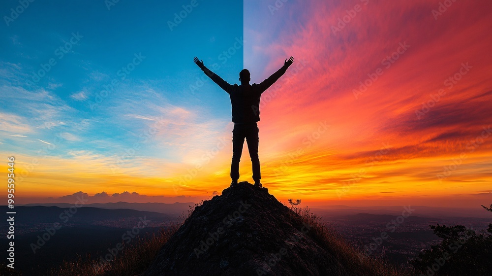 A person standing triumphantly on a mountain peak with a vast landscape in the background representing achievement and success Large space for text in center Stock Photo with copy space A person standing triumphantly on a mountain peak with a vast landscape in the background representing achievement and success Large space for text in center Stock Photo with copy space