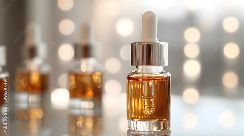 Glass Dropper Bottle with Golden Liquid in Front of Blurred Lights Glass Dropper Bottle with Golden Liquid in Front of Blurred Lights