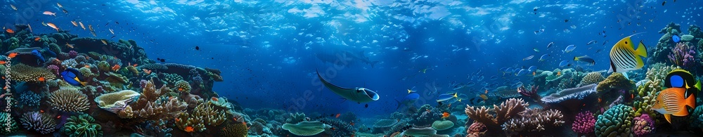 A panoramic view of the vibrant coral reef, teeming with colorful fish and sea creatures. The water is deep blue in color, creating an immersive underwater scene A panoramic view of the vibrant coral reef, teeming with colorful fish and sea creatures. The water is deep blue in color, creating an immersive underwater scene