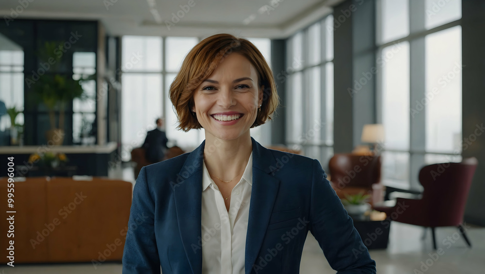 Confident and Ready: A portrait of a successful, confident businesswoman in a modern office setting. Her smile radiates positivity and determination. Confident and Ready: A portrait of a successful, confident businesswoman in a modern office setting. Her smile radiates positivity and determination.