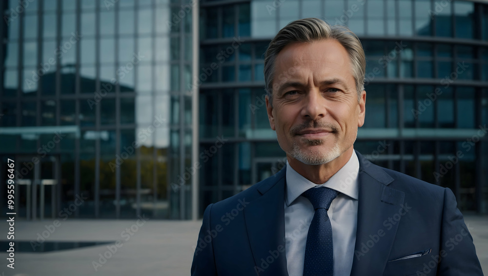 Confident CEO Portrait: A mature, successful businessman exudes confidence and professionalism in front of a modern corporate building. Confident CEO Portrait: A mature, successful businessman exudes confidence and professionalism in front of a modern corporate building.