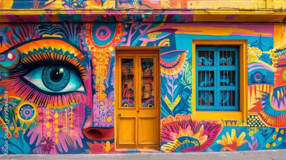 Fototapeta premium Brightly colored street art and mural covering every surface showcasing urban creativity culture
