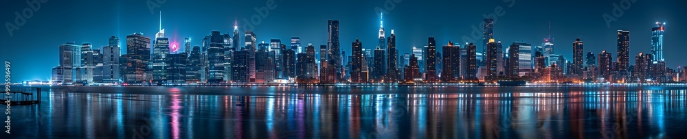 Obraz premium Panoramic photograph of the skyline of New York City at night, with buildings lit up by lights and neon signs, and the buildings along the river reflecting in the water