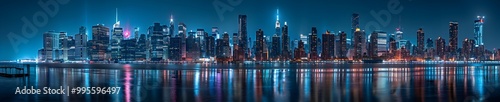 Panoramic photograph of the skyline of New York City at night, with buildings lit up by lights and neon signs, and the buildings along the river reflecting in the water