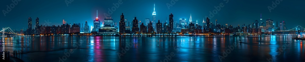 Obraz premium Panoramic photograph of the skyline of New York City at night, with lights reflecting on the water and buildings lit up in a variety of colors