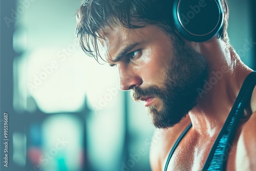 Focused man listening to music while working out photo