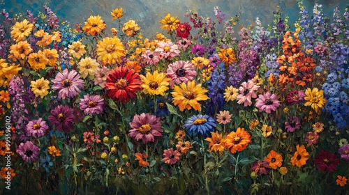 A panoramic field of colorful summer flowers