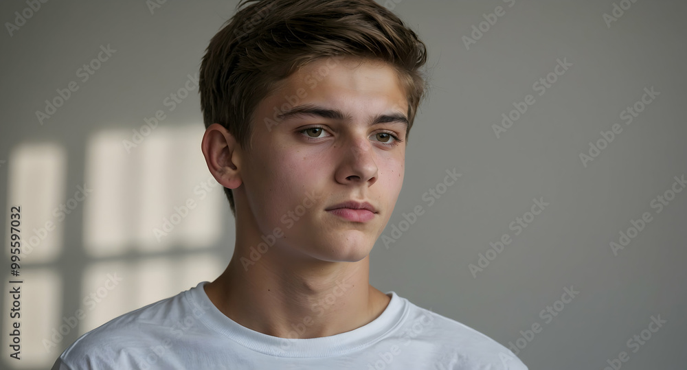 Youthful Gaze: A pensive portrait of a teenage boy, his expression hinting at quiet contemplation. The soft light and neutral background create an intimate and introspective mood. Youthful Gaze: A pensive portrait of a teenage boy, his expression hinting at quiet contemplation. The soft light and neutral background create an intimate and introspective mood.