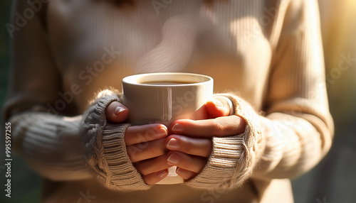 Woman is holding a steaming cup of hot coffee or tea in her hands on a cold day