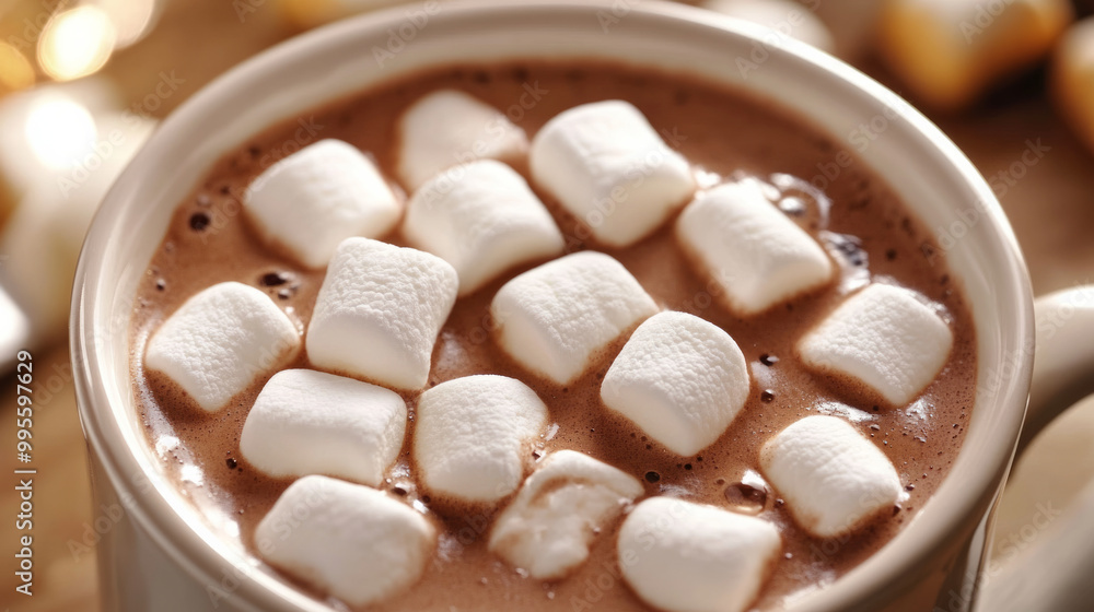 A cozy close-up of rich hot chocolate topped with fluffy marshmallows in a warm setting perfect for winter evenings A cozy close-up of rich hot chocolate topped with fluffy marshmallows in a warm setting perfect for winter evenings