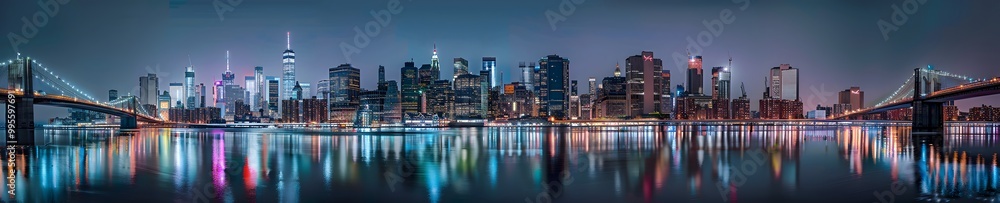 Panoramic view of the New York skyline at night, with lights from buildings and streetlights reflecting on the Hudson River. The buildings are lit up in various colors, and the skyscrapers tower over Panoramic view of the New York skyline at night, with lights from buildings and streetlights reflecting on the Hudson River. The buildings are lit up in various colors, and the skyscrapers tower over