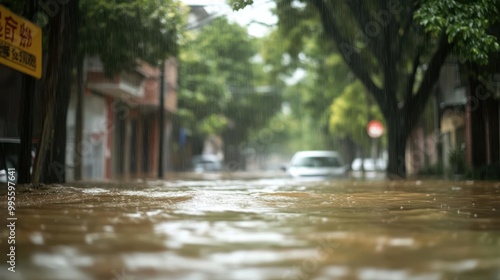 Wallpaper Mural City street, flood or water with danger, property damage or extreme weather with rainfall, insurance claim or emergency. danger or global warming with road closure, climate change or disaster Torontodigital.ca