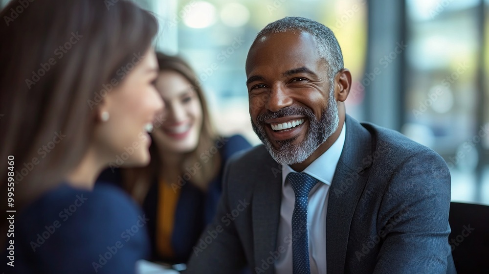 A man in a suit is smiling at two women A man in a suit is smiling at two women