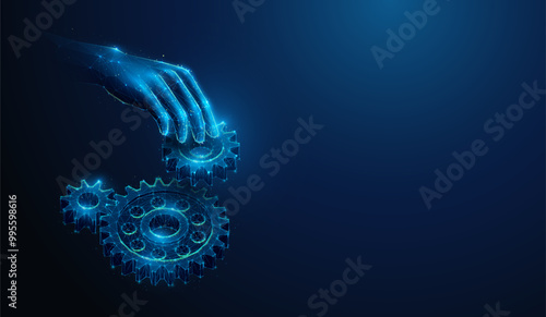 Abstract illustration of hand putting gear to gearbox in low poly style. Blue geometric background depicting mechanical technology machine engineering concept by wireframe connection structure