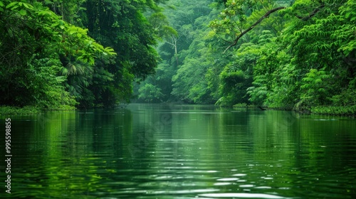 The tranquil river meanders through a thick jungle with rich green foliage, showcasing diverse exotic wildlife on the riverbanks.
