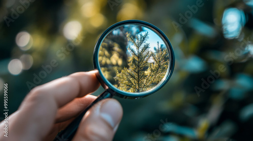 A person holds a magnifying glass to examine a green pine tree in a lush outdoor setting on a sunny day