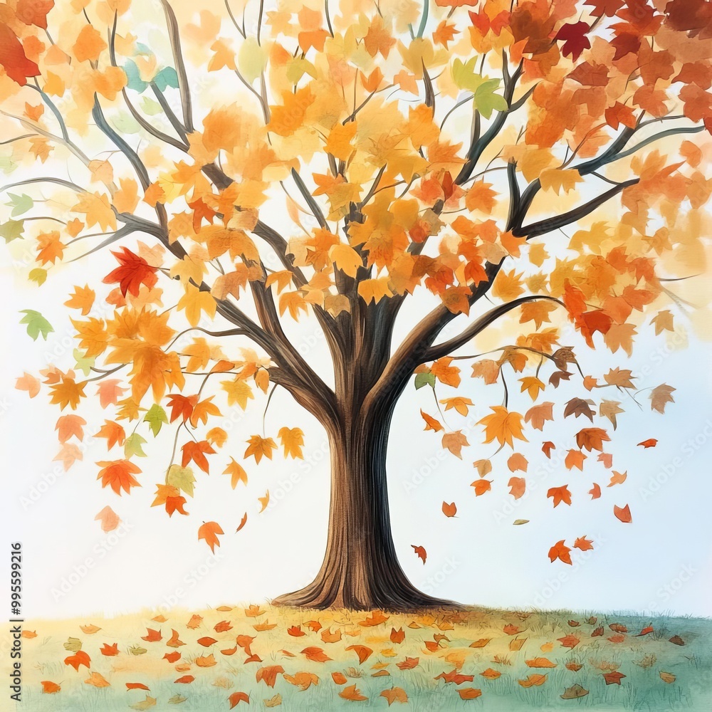 Fototapeta premium A painting of a large tree with leaves changing colors in autumn