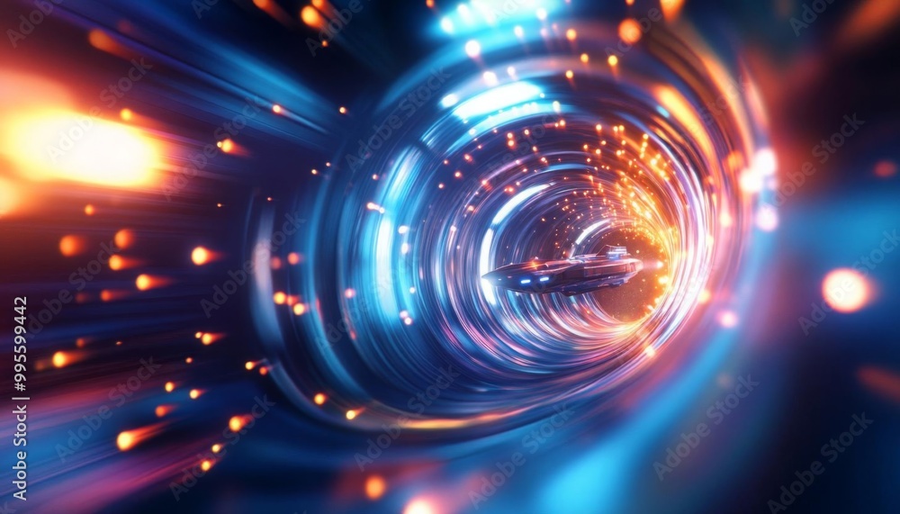 Obraz premium A spaceship traveling through a wormhole filled with colorful lights