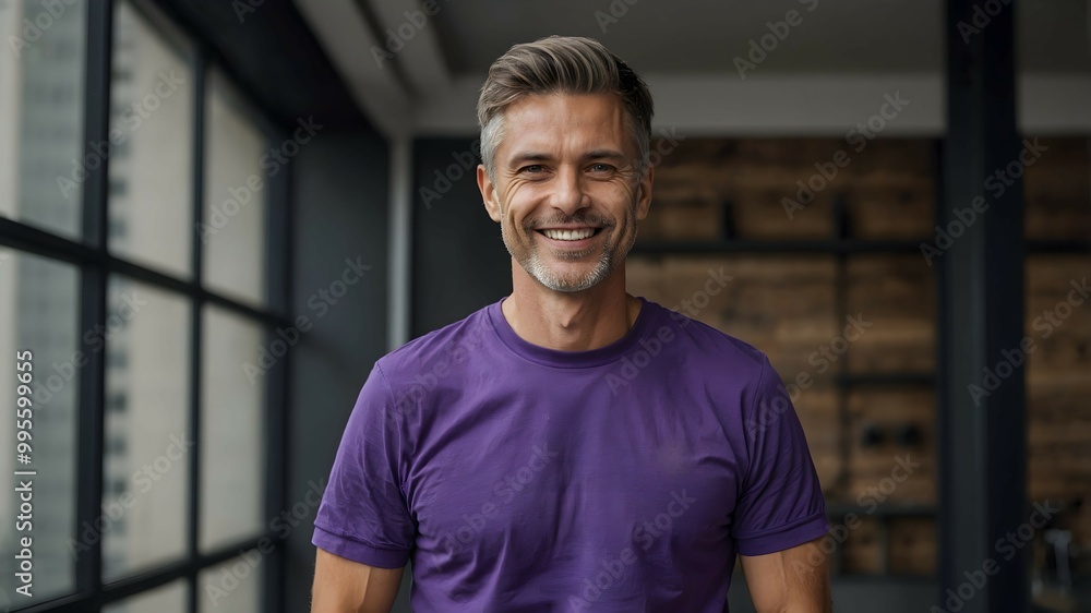 Confident Middle-Aged Man in Purple T-Shirt Smiling Confident Middle-Aged Man in Purple T-Shirt Smiling