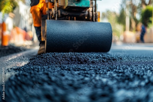 A road roller applying asphalt on a construction site for road paving. photo