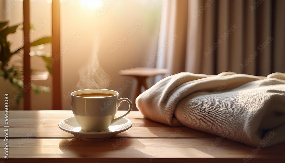 Steaming cup of coffee sits on a wooden table in the morning sunlight, with a cozy sweater draped nearby Steaming cup of coffee sits on a wooden table in the morning sunlight, with a cozy sweater draped nearby