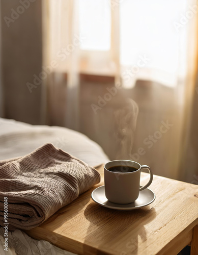 Wallpaper Mural Steaming cup of coffee sits on a wooden bedside table in the morning sunlight, with a cozy sweater resting nearby Torontodigital.ca