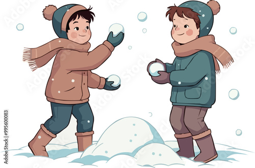 Two Boys Playing with Snowballs