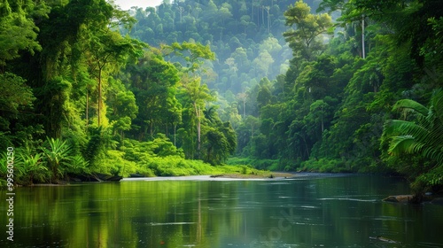 Lush green foliage lines a serene river flowing through a vibrant jungle, where exotic wildlife can be seen along the banks.