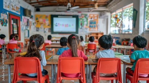 Children learning in classroom settings. Depicting education and learning in a rural asian school photo