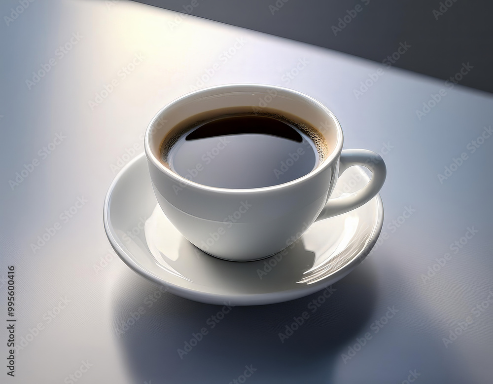 Steaming cup of coffee sits on a white table, casting a shadow in the morning light Steaming cup of coffee sits on a white table, casting a shadow in the morning light