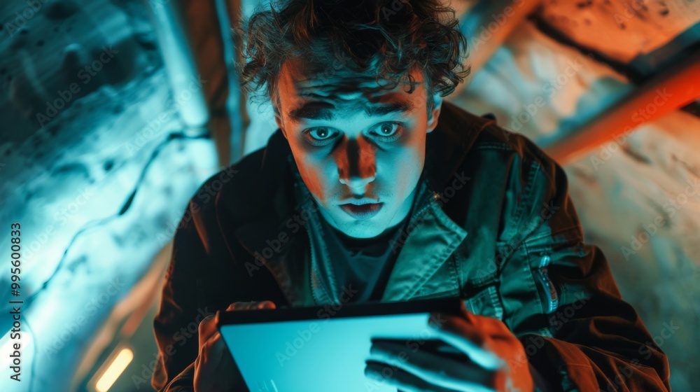 A Young Person in a Dark Space Using a Tablet, Emphasizing Curiosity and Technology A Young Person in a Dark Space Using a Tablet, Emphasizing Curiosity and Technology
